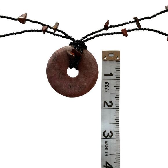 Rhodochrosite Necklace Purple Natural Stone Donut Pendant Black Beaded Chain - Picture 5 of 10